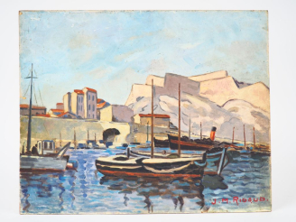 Vente aux enchères JM. RIGAUD.  "port du Midi". Huile sur panneau, signée en bas à droite