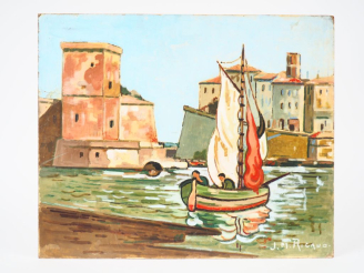 Vente aux enchères JM RIGAUD.  "voilier dans un port du midi" Huile sur panneau d'isorel 