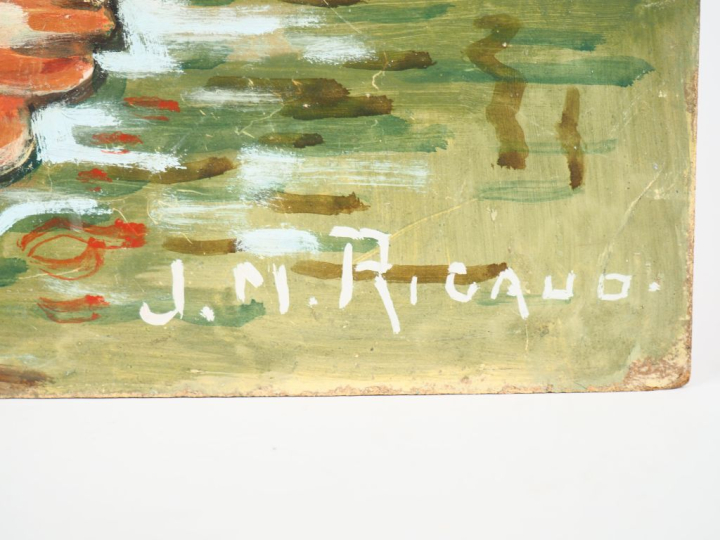 JM RIGAUD.  "voilier dans un port du midi" Huile sur panneau d'isorel 