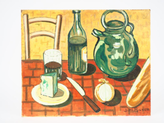 Vente aux enchères JM. RIGAUD.  "nature morte".  Huile sur isorell, signée en bas à droit