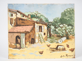Vente aux enchères JM. RIGAUD.  "la basse cour". Huile sur isorel, signée en bas à droite