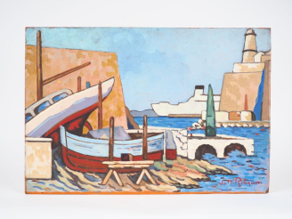 Vente aux enchères JM. RIGAUD.  "l'entrée du port".  Huile sur isorel, signée en bas à dr