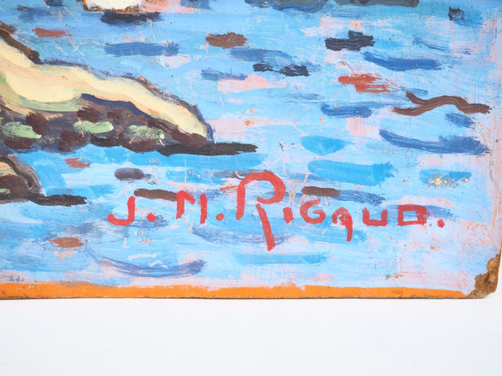 JM. RIGAUD.  "l'entrée du port".  Huile sur isorel, signée en bas à dr