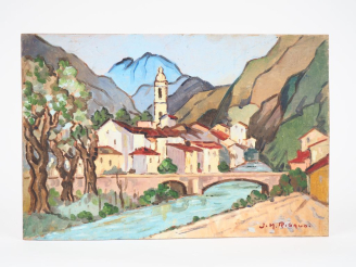 Vente aux enchères JM. RIGAUD.  "vue de Fontan" Huile sur panneau, signée en bas à droite
