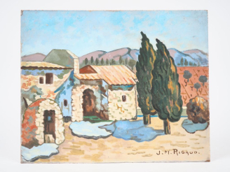 Vente aux enchères JM. RGAUD.  "le mas dans les Alpilles".  Huile sur isorel, signée en b