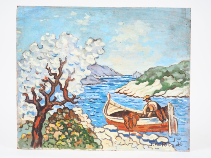 JM. RIGAUD.  "Pêcheur embarqué".  Huile sur panneau d'isoreil, signée 