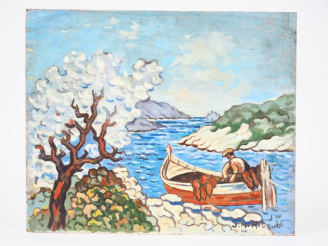 Vente aux enchères JM. RIGAUD.  "Pêcheur embarqué".  Huile sur panneau d'isoreil, signée 