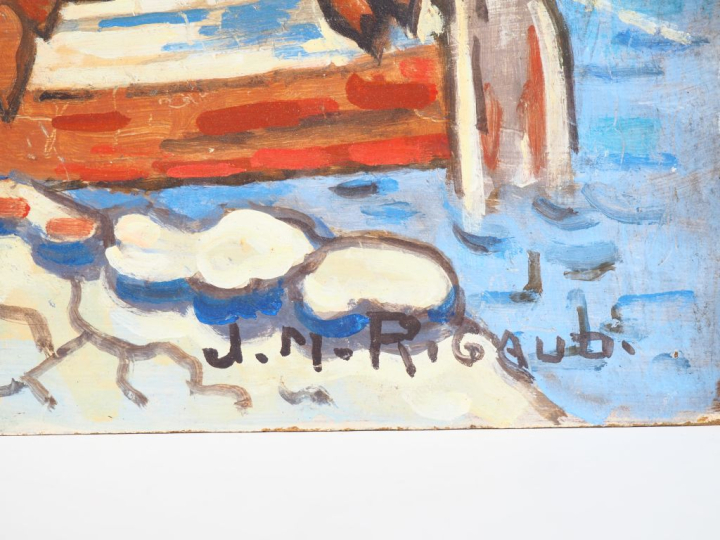 JM. RIGAUD.  "Pêcheur embarqué".  Huile sur panneau d'isoreil, signée 