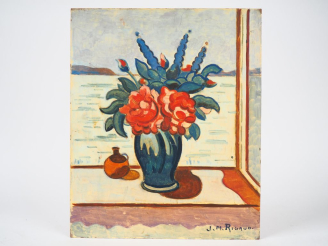 Vente aux enchères JM. RIGAUD.  "bouquet de fleurs". Huile sur panneau, signée en bas à d