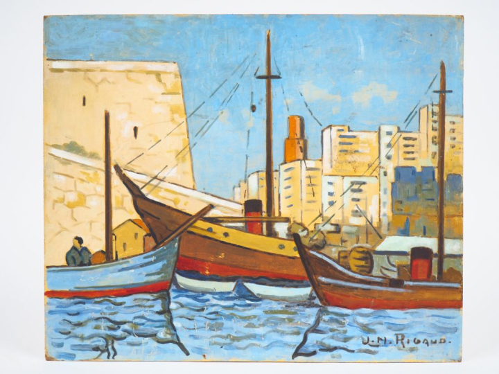 JM. RIGAUD.  "le port" Huile sur panneau, signée en bas à droite.  Dim