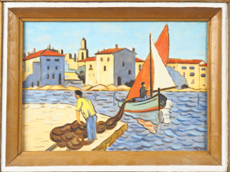 Vente aux enchères JM. RIGAUD. "pêcheur dans le port" Huile sur toile Dim. 38 x 46 cm