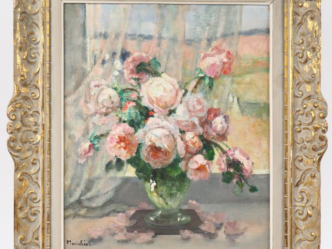 Marie REOL.  "bouquet de roses" Huile sur toile, signée en bas à gauch