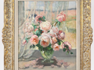 Vente aux enchères Marie REOL.  "bouquet de roses" Huile sur toile, signée en bas à gauch