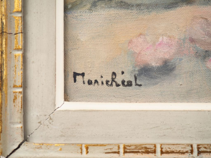 Marie REOL.  "bouquet de roses" Huile sur toile, signée en bas à gauch