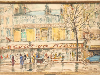 Vente aux enchères STANLEY.  "Paris, devant la brasserie Tout va bien" Aquarelle, signée,