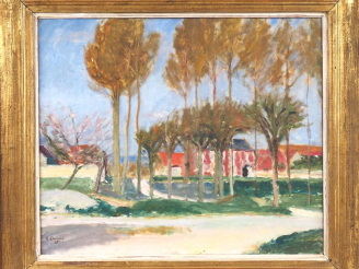 Vente aux enchères R. THOMSEN.  "paysage avec habitation" Huile sur toile, signée en bas 