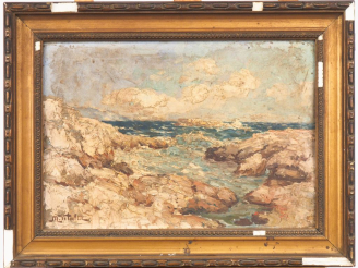 Vente aux enchères M. VITALLA.  "côte rocheuse'"  Huile sur panneau, signée en bas à gauc