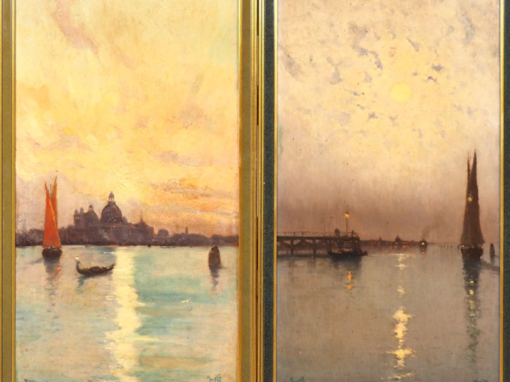 I. WILL.  "Venise, au clair de lune et au crépuscule".  Paire d'huiles