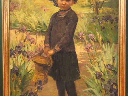 Ecole française fin XIXème. "Jeune fille au panier devant un massif d'