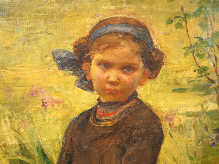 Ecole française fin XIXème. "Jeune fille au panier devant un massif d'