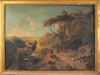 Vente aux enchères Ecole italienne XIXème. "paysages de montagne".  Paire d'huiles sur to