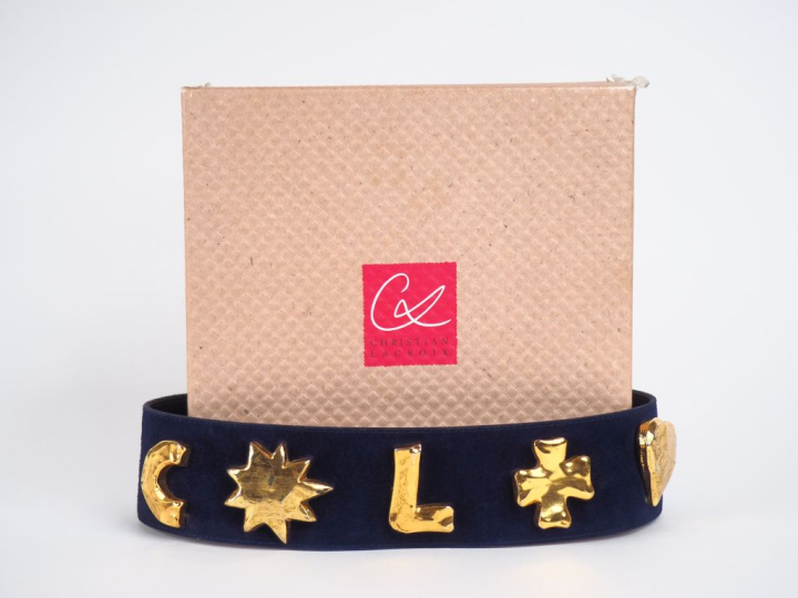 Christian LACROIX  Large ceinture bleu marine, garniture en métal doré