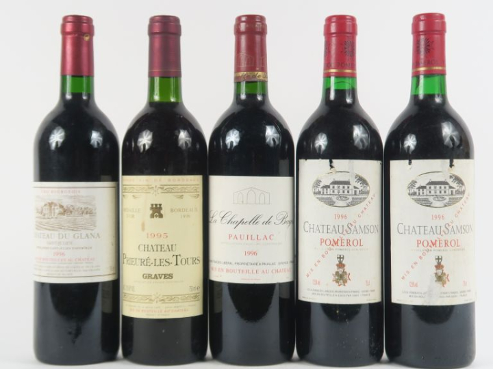 5 BOUTEILLES de 1996 : 1 LA CHAPELLE DE BAGES PAUILLAC - 2 CHÂTEAU SAM