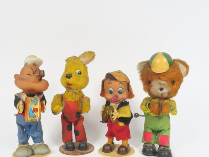 	Lot de jouets mécaniques des années 60 en plastique et peluche en éta