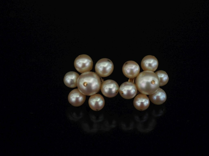 Paire de perces oreilles en forme de fleur en or jaune 750, sertis de 