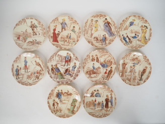 Vente aux enchères SARREGUEMINES. 10 assiettes en faïence polychrome modèle "courses". Di