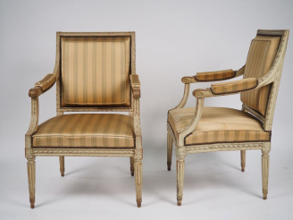 Vente aux enchères JACOB.  Paire de fauteuils Louis XVI dossiers à la reine en bois moulu