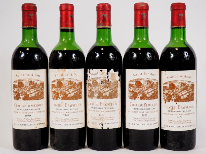 5 BOUTEILLES CHÂTEAU BEAUSÉJOUR 1er GCC ST EMILION - 1970 - 3 MEP /1 H