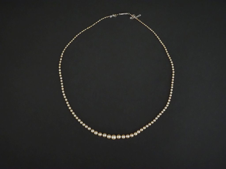 Collier de perles blanches probablement fines diposées en chute.  Ferm