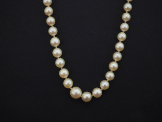 Vente aux enchères Collier de perles blanches disposées en chute. Fermoir en or blanc 750