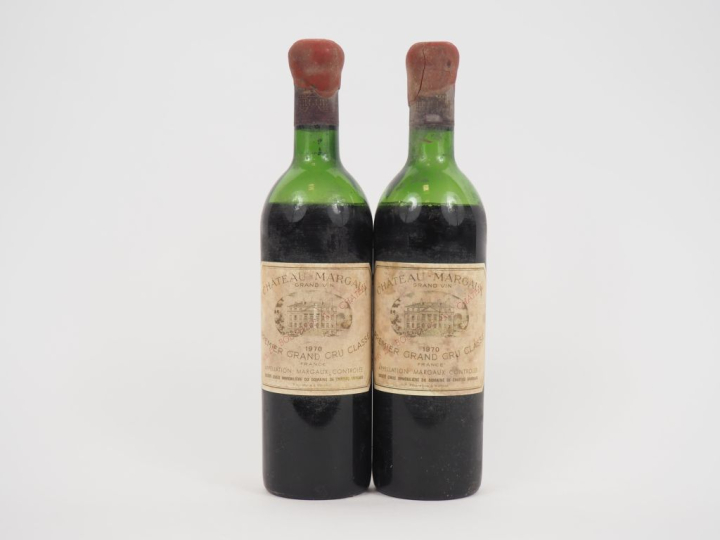 2 BOUTEILLES CHÂTEAU MARGAUX 1er GCC MARGAUX - 1970 - VIDANGE/ETS/CAPS