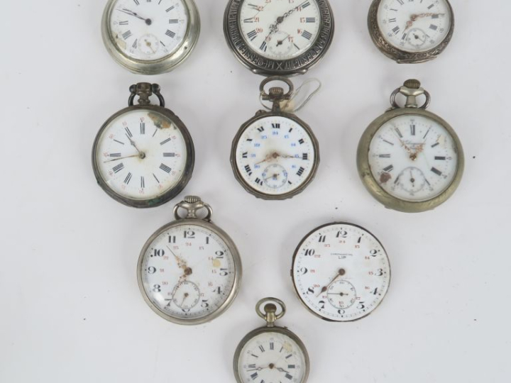 9 différentes montres de gousset en argent et métal argenté, cadrans é