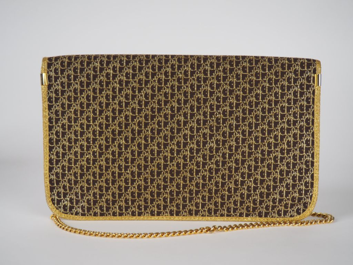 Christian DIOR Pochette en toile marron et doré vintage, monogrammé du