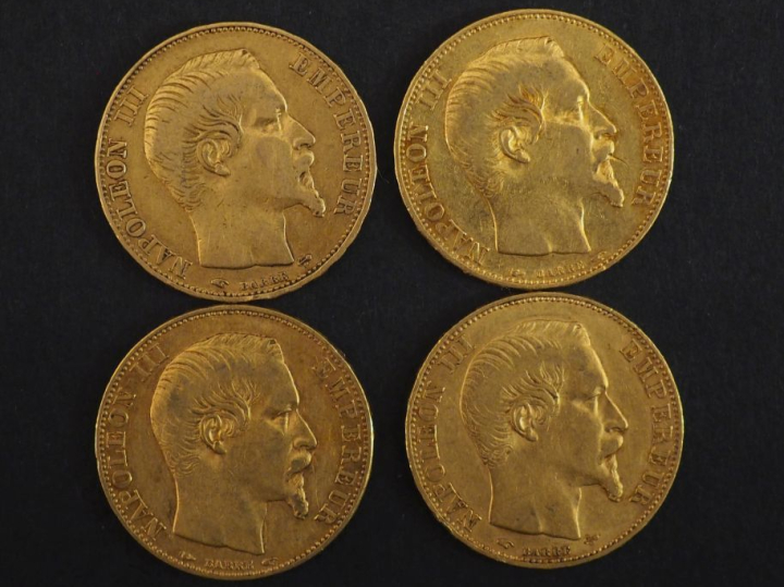 Quatre pièces de 20 Francs or, 1854-A (x2), 1855-A et 1856-A.  FRAIS A