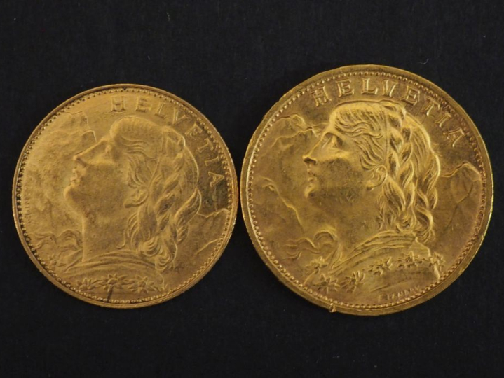 Ensemble comprenant :  - une pièce de 20 Francs or suisse, 1935. - une