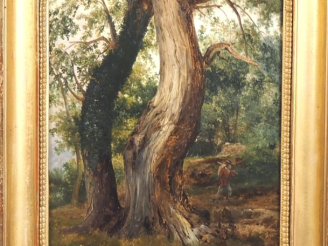 Vente aux enchères Paul HUET (1803 - 1869) Promeneur dans un sous bois Papier marouflé su