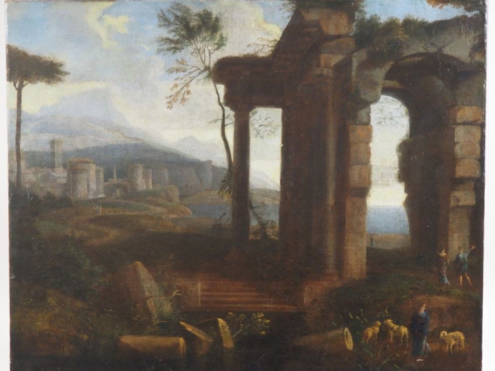 Ecole italienne XVIIIème. "pastorale, ruines et paysage" Huile sur toi