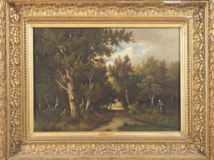 Ch. AUBERT. "Forêt de Rambouillet". Huile sur toile signée dans un car
