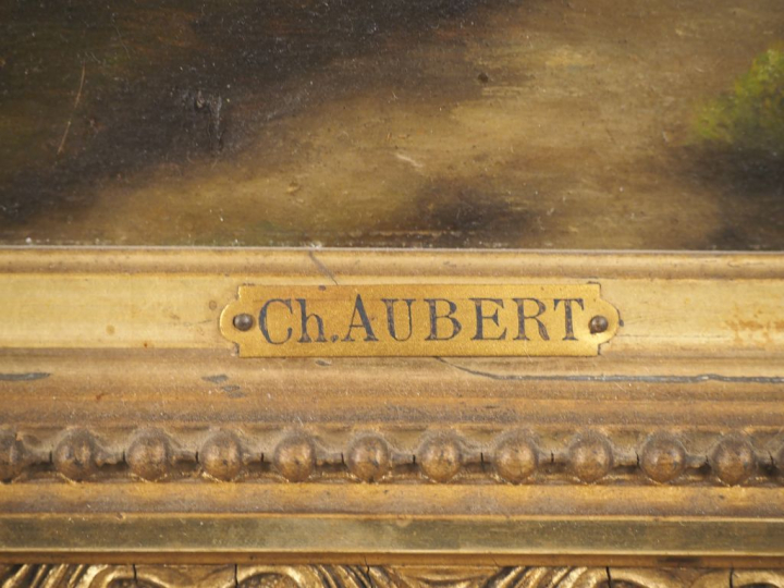 Ch. AUBERT. "Forêt de Rambouillet". Huile sur toile signée dans un car