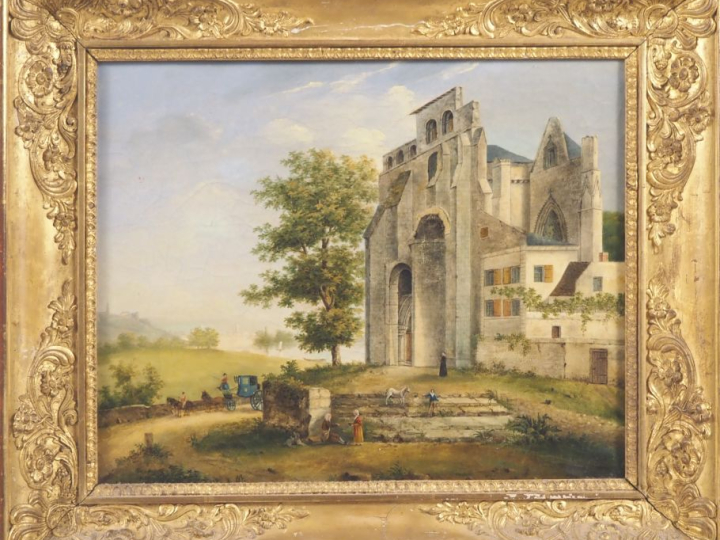 Chevalier de BAUFFRET.  "Vue d'église animée" Huile sur toile, signée 