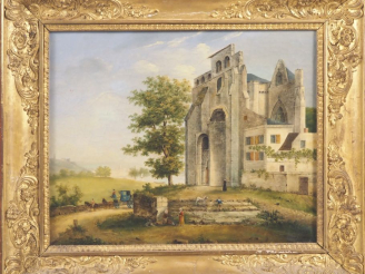 Vente aux enchères Chevalier de BAUFFRET.  "Vue d'église animée" Huile sur toile, signée 