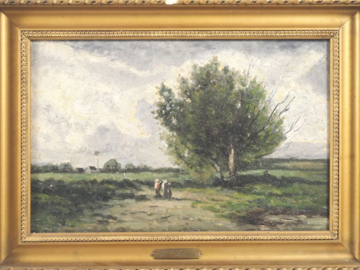 E. M. VALLEE.  "Paysage animé" Huile sur toile, signée en bas à droite