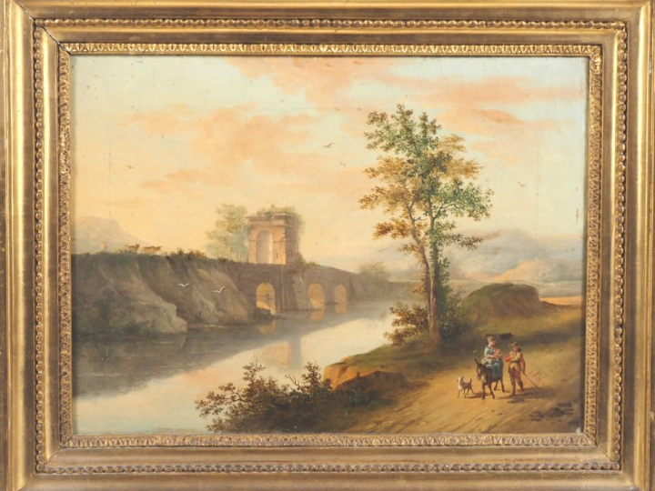 Ecole ALLEMANDE vers 1800. "Paysans le long d'une rivière" Toile d'ori