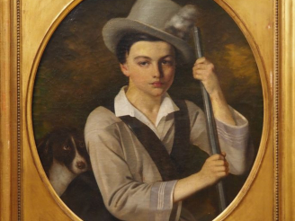 Vente aux enchères Ecole française XIXème.  "jeune chasseur et son chien" Huile sur toile