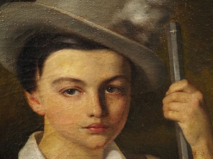 Ecole française XIXème.  "jeune chasseur et son chien" Huile sur toile