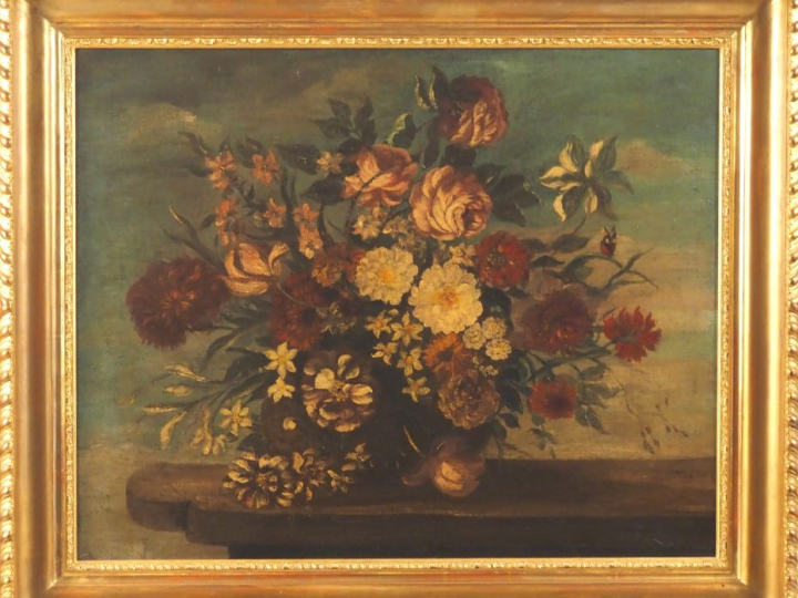 Ecole française XIXème. "bouquet de fleurs sur un entablement" Huile s